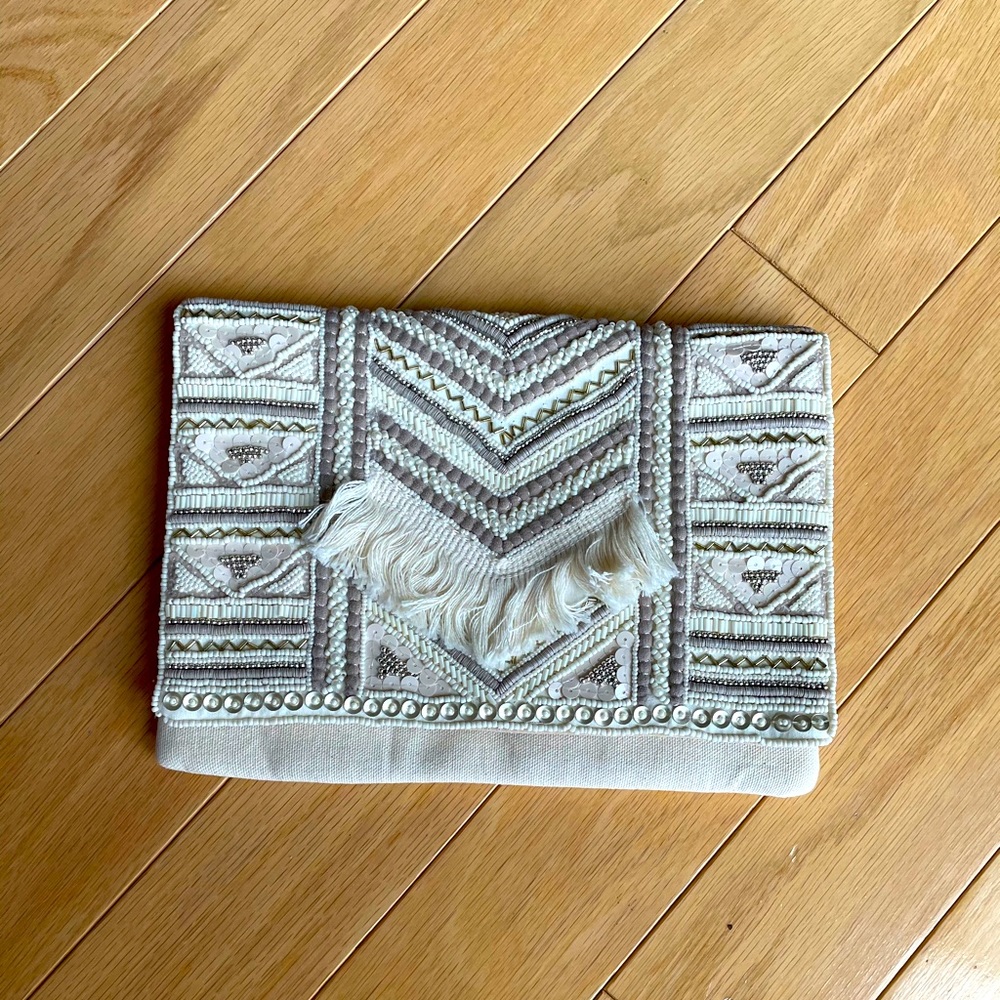 Fringe Embroidered Clutch Talulah White Gold Strap